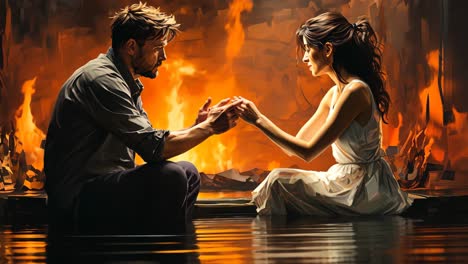 a couple shares a tender moment by the fire in a serene evening setting