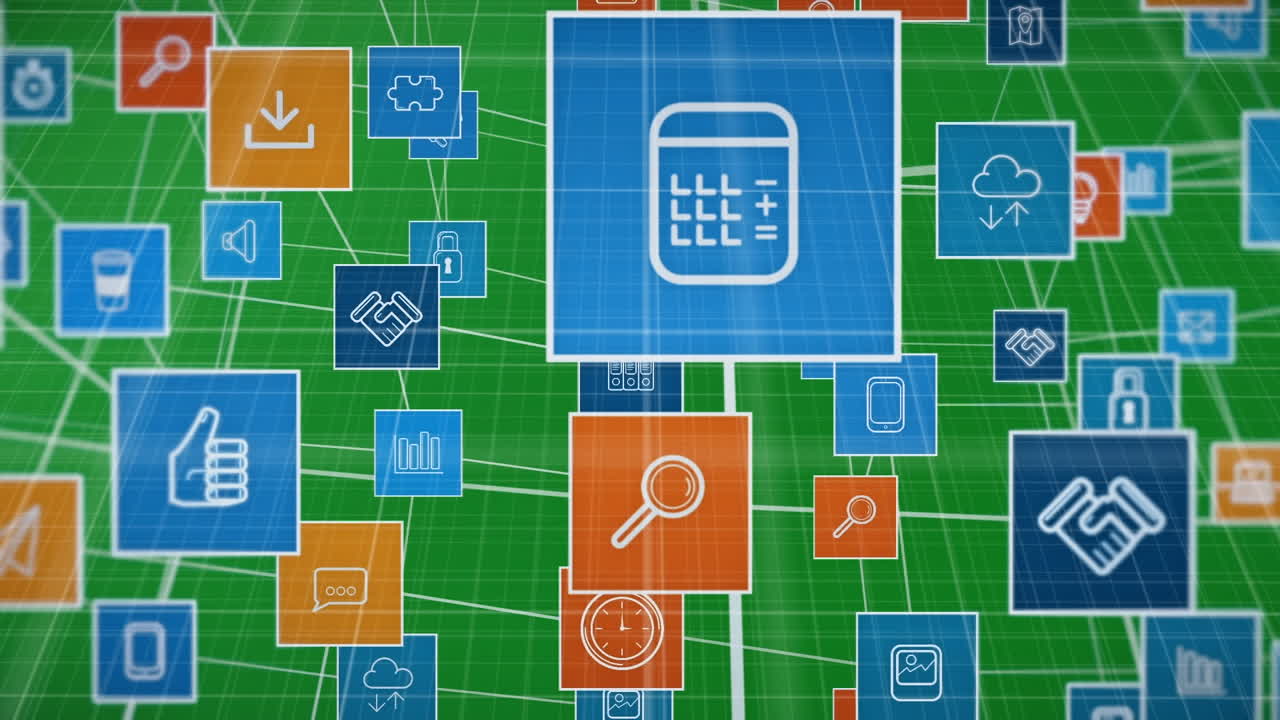 Animation of network of connections with icons over green background