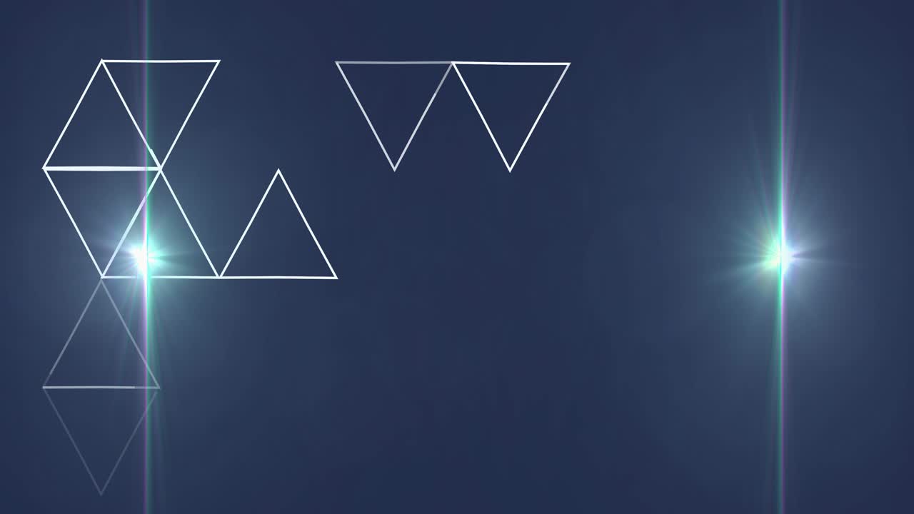 Abstract scene visualizing white wireframe triangles with lens flares and rainbow light streaks