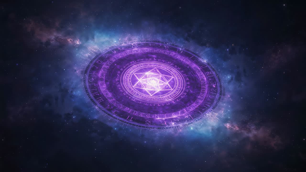 Pulsing purple sigil rotating in space as central star flaring, revealing runes and expanding aura