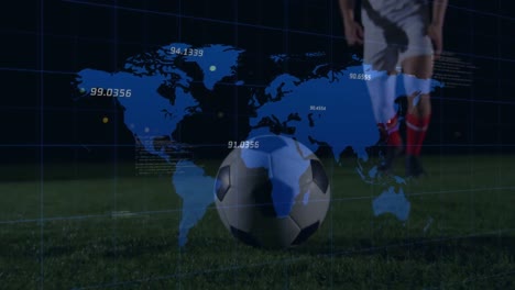 animation of graphs and data over legs of caucasian soccer player at stadium