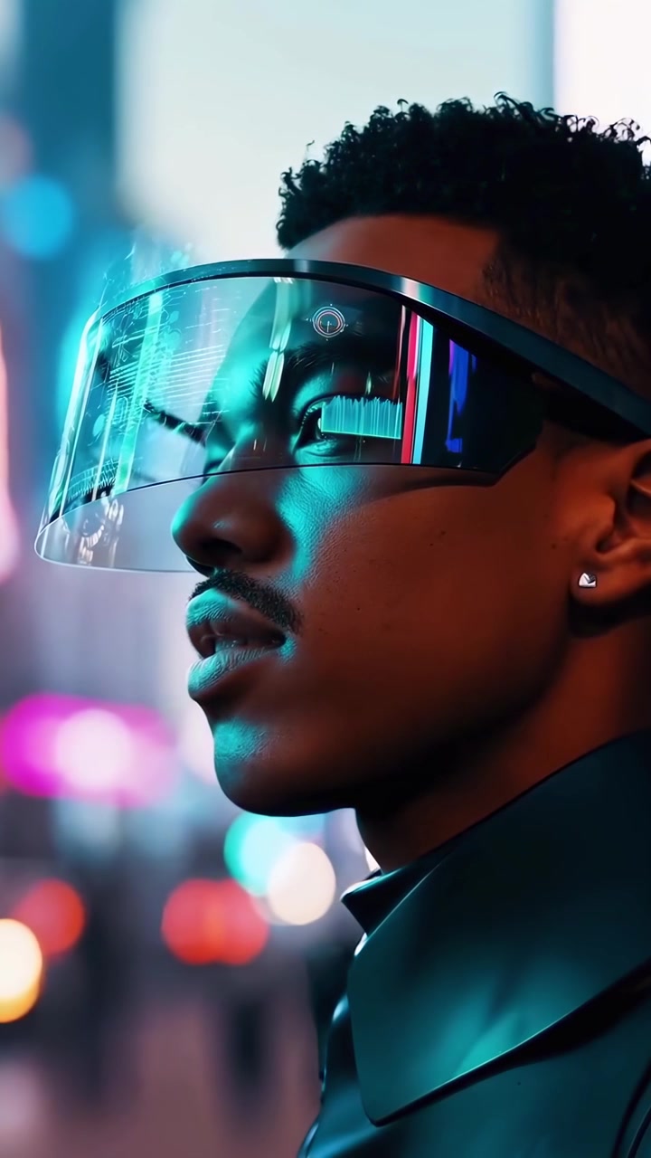 Young Man Wearing Futuristic Augmented Reality Visor in City