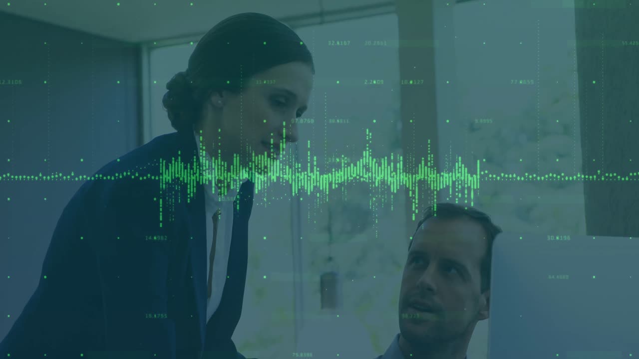 animación del procesamiento de datos financieros sobre personas de negocios en la oficina