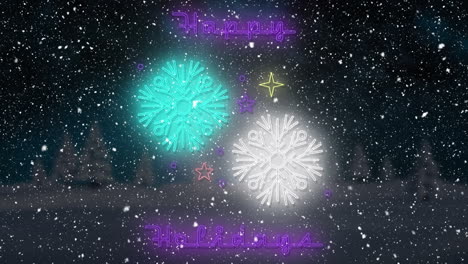 animation of happy holidays text at christmas over snow falling