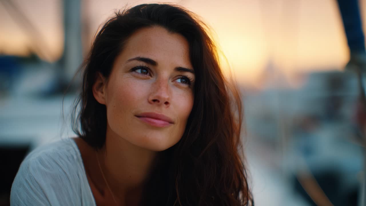 Un momento sereno che ritrae una giovane donna mentre si gode un tramonto al porto turistico, la sua espressione riflette pace e appagamento nella bellezza dell'ora d'oro.