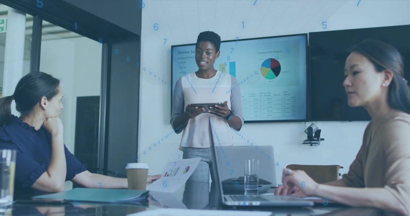 Team lead tapping tablet and gesturing in business review, animated data updating colleagues noting