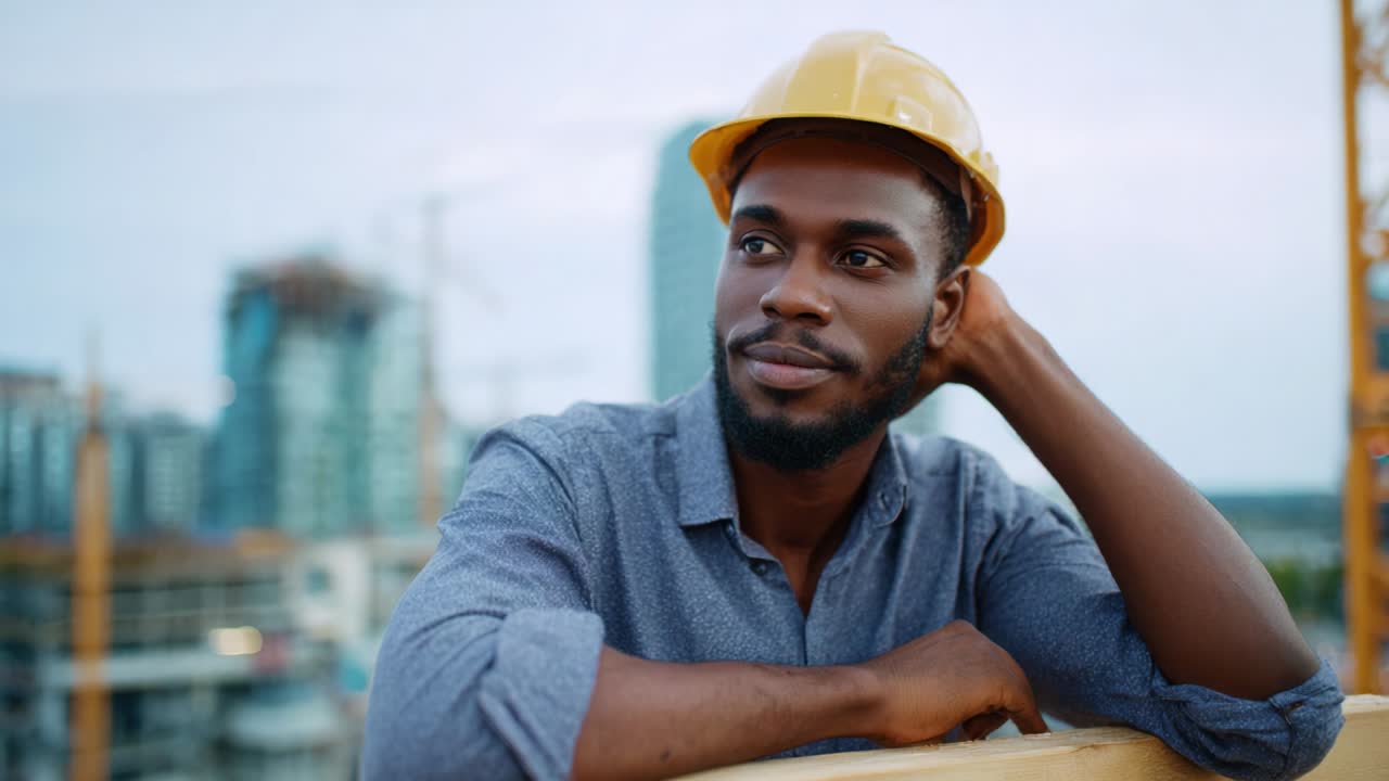 A Thoughtful Construction Worker in a Hard Hat Reflects on His Day at the Job Site, Showcasing the Balance of Hard Work and Leisure Amidst a Modern Urban Landscape