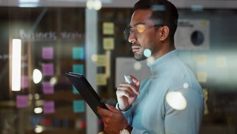 businessman working late night on a tablet