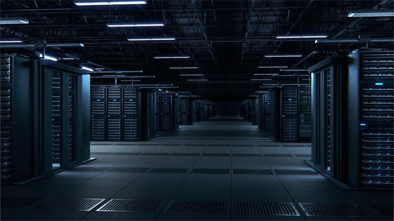 Modern Data Technology Center Server Racks Working in Dark Facility. Concept of Internet of Things, Big Data Protection, Storage, Cryptocurrency Farm, Cloud Computing. 3D Arc Camera Shot.
