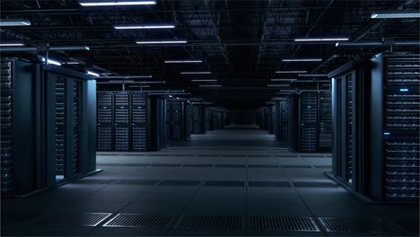 modern data technology center server racks working in dark facility. concept of internet of things, big data protection, storage, cryptocurrency farm, cloud computing. 3d arc camera shot.