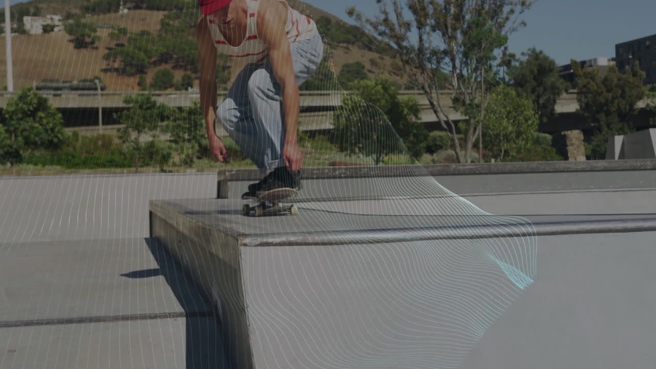 Male skateboarder crouching on concrete box at skate park, with animated sports data graph overlay