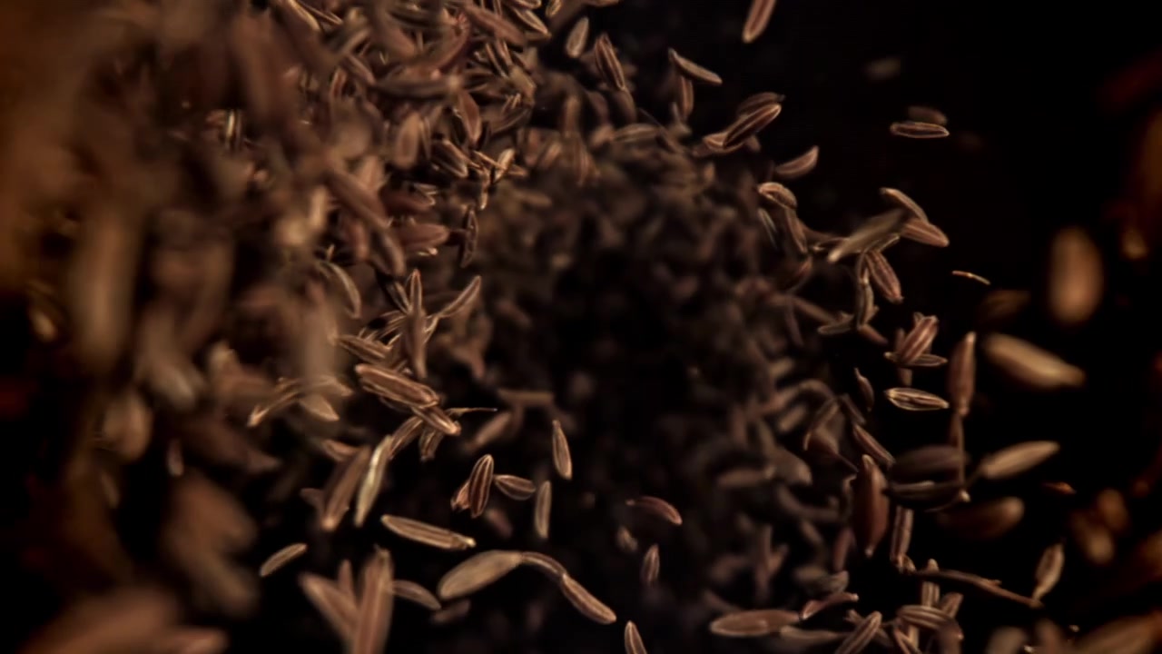 Slow Motion Cumin Seeds Falling Against Dark Background