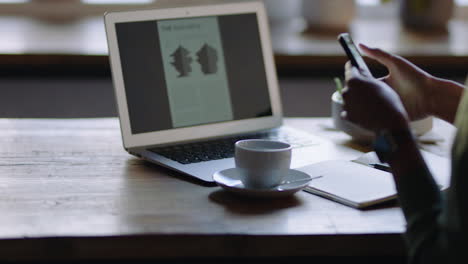 Mujer-De-Negocios-Usando-Un-Teléfono-Inteligente-Tomando-Una-Foto-De-Un-Café-En-La-Cámara-De-Un-Teléfono-Móvil-Compartiendo-El-Estilo-De-Vida-De-Las-Redes-Sociales-Disfrutando-Relajándose-En-Casa-Trabajando-Con-Una-Computadora-Portátil-De-Cerca-Las-Manos