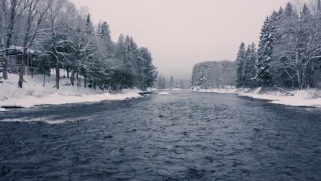 Foggy-Winter-Landscape---Drone-Flying-4K---Mountains---Trees,-rivers,-snowy