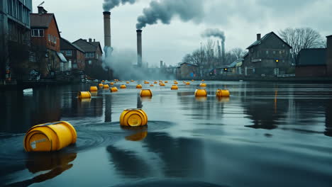 pollution and waste visible in a river with yellow barrels floating