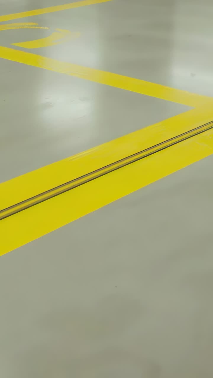 Vertical video: Panning camera revealing yellow markings and metal rails on shiny floor in bay