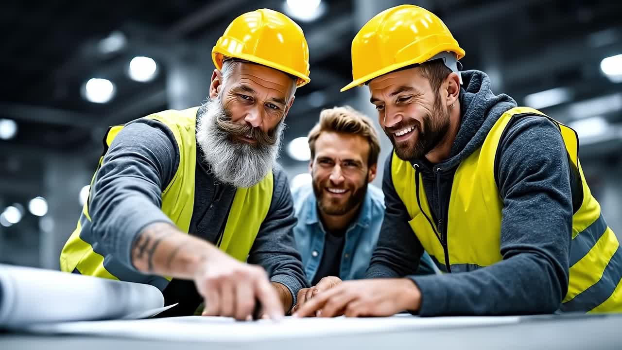 Three men in hard hats looking at blueprints
