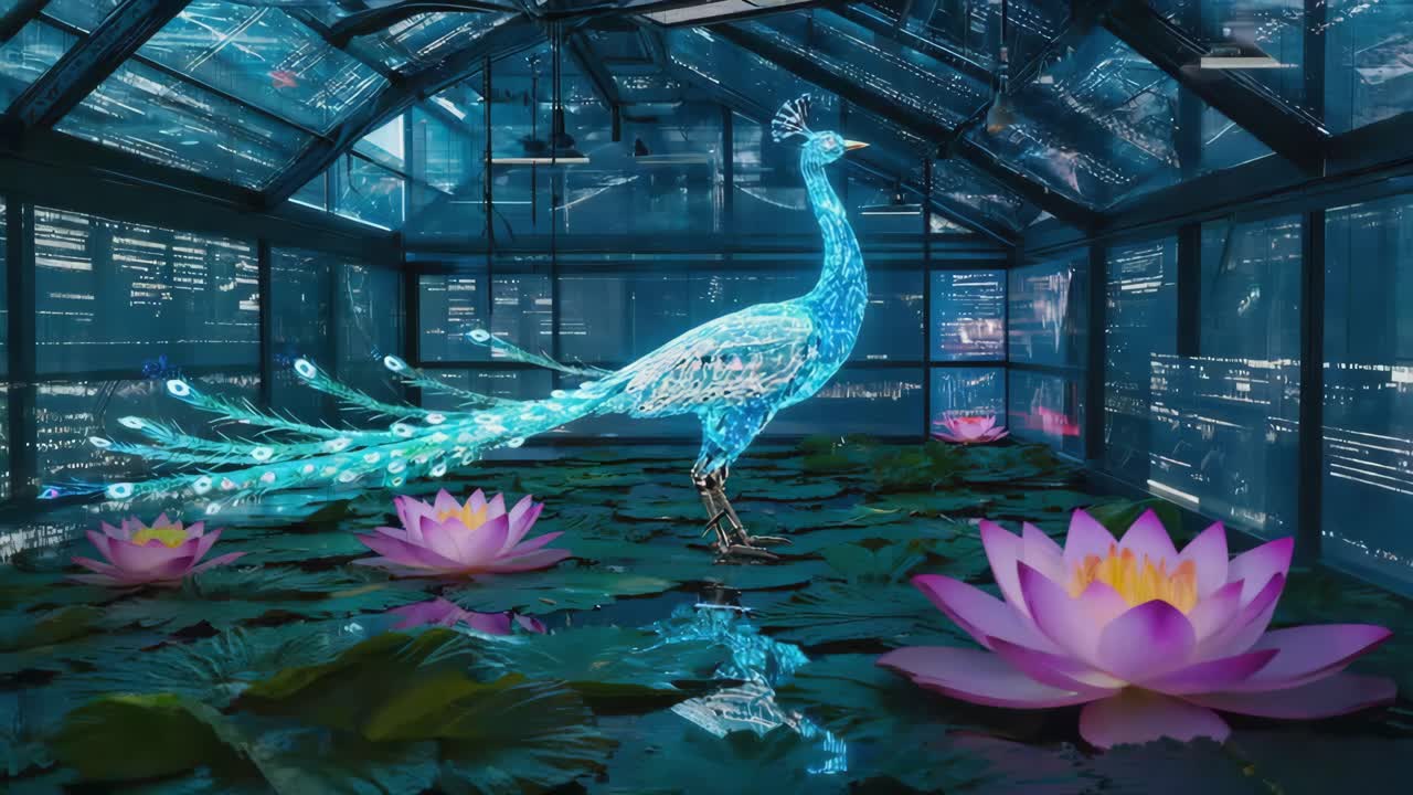 Futuristic Neon Peacock and Lotus Flowers in a Greenhouse