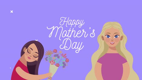 happy mothers day lettering with daughter giving flowers bouquet to mom