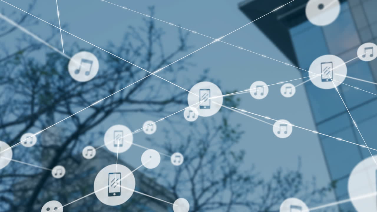 음악과 스마트폰 아이콘을 연결하는 선, 나무 위의 네트워크 통신