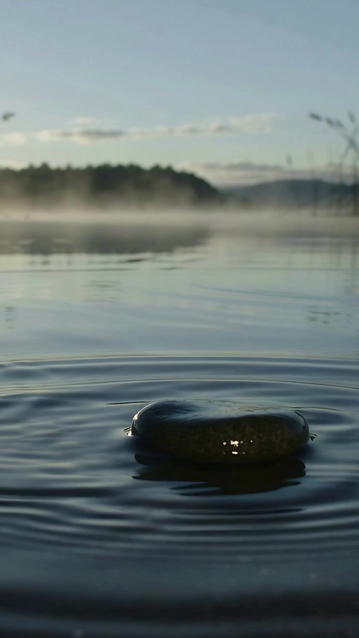 Vertical video: Impacting small pebble creating crown splash and ripples across misty lake