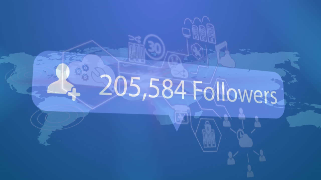 Animation of followers text with growing number over icons and world map on blue backrgound