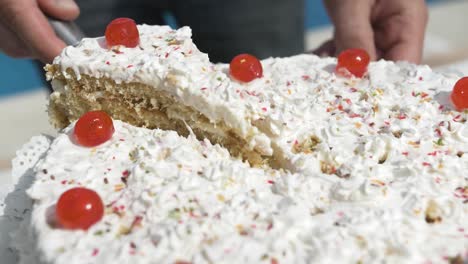 sirviendo pastel casero de crema blanca en un día soleado afuera cerca de la piscina en una fiesta de celebración