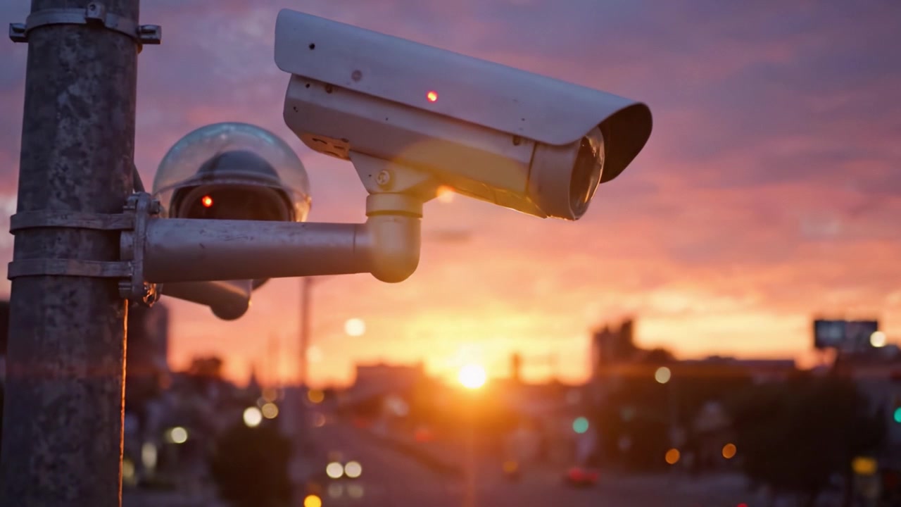 Surveillance Cameras Overlooking a Cityscape at Dusk: A Captivating View of Technology and Nature Intersecting in a Vibrant Sunset