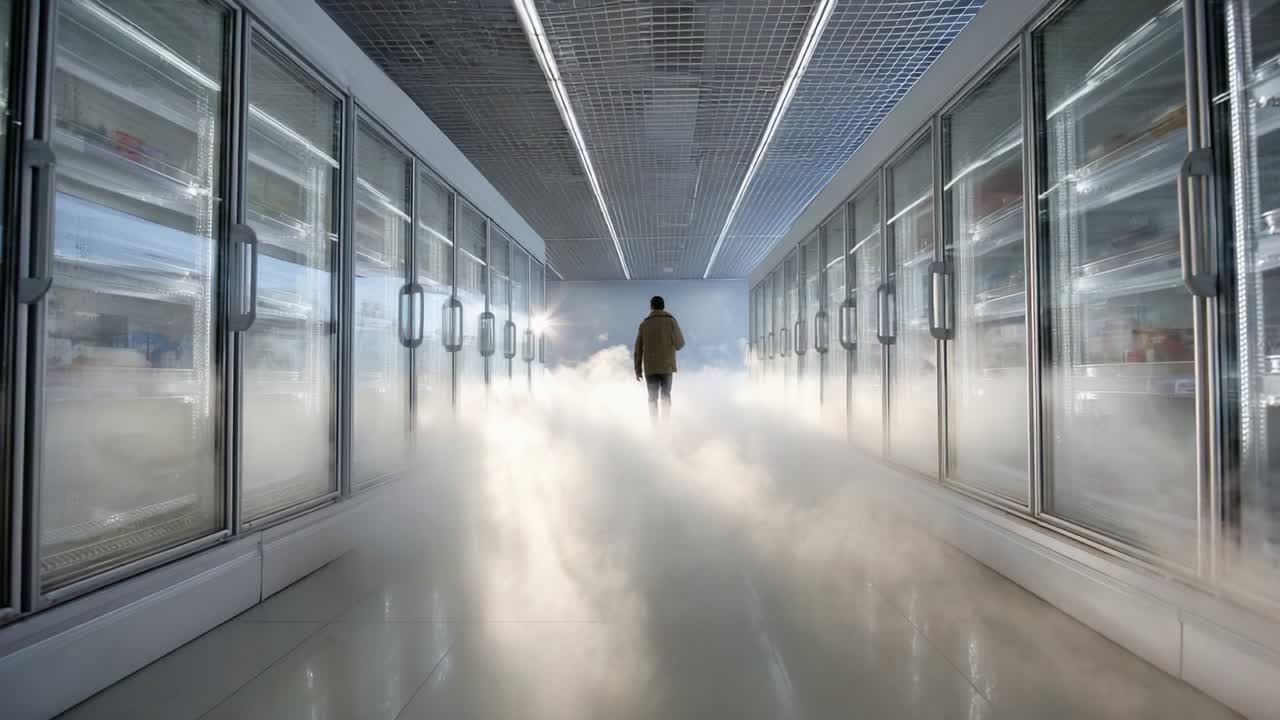 An Individual Walking Through a Misty Aisle of a Refrigerated Store, Surrounded by Glass Doors and Ambient Lighting, Evoking a Sense of Mystery and Exploration in a Futuristic Setting