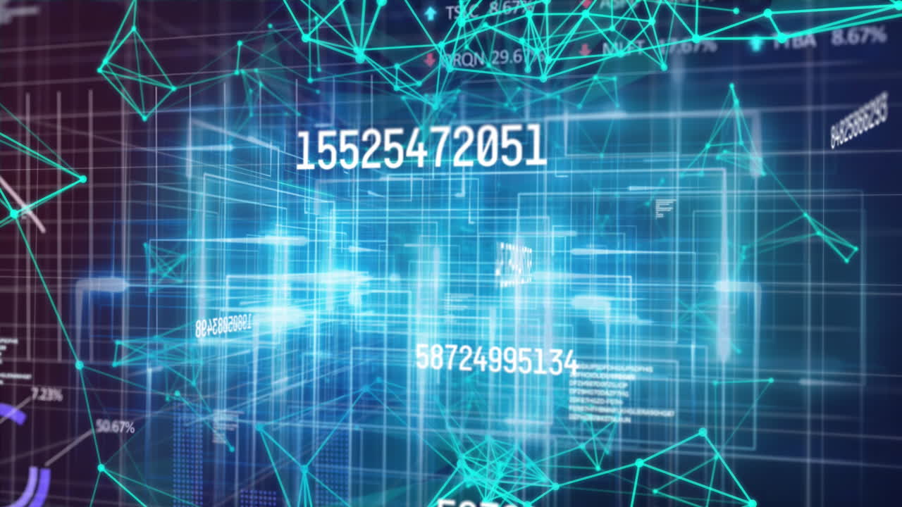 Animation of data processing and network of connections on black background