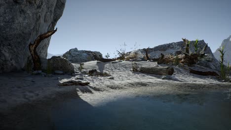 white sand beach near rocky cliffs at ocean