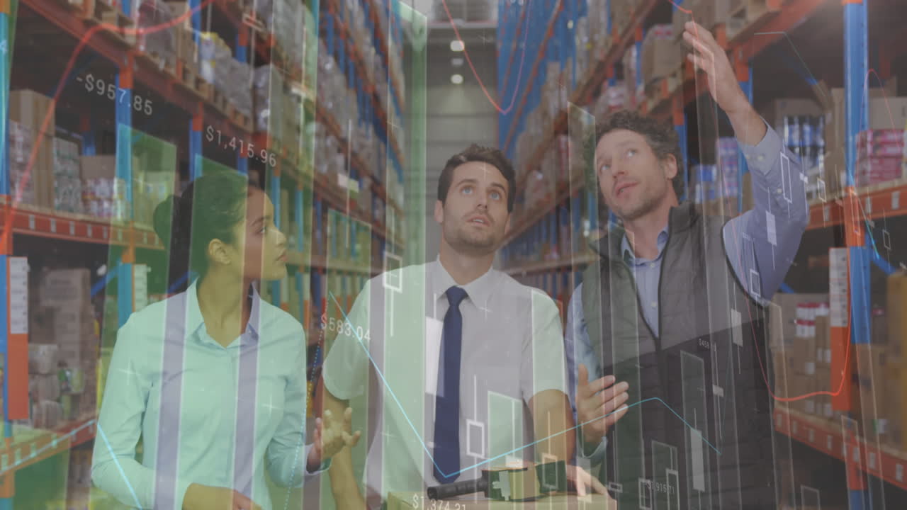 창고에서 일하는 사람들에 대한 데이터 처리의 애니메이션