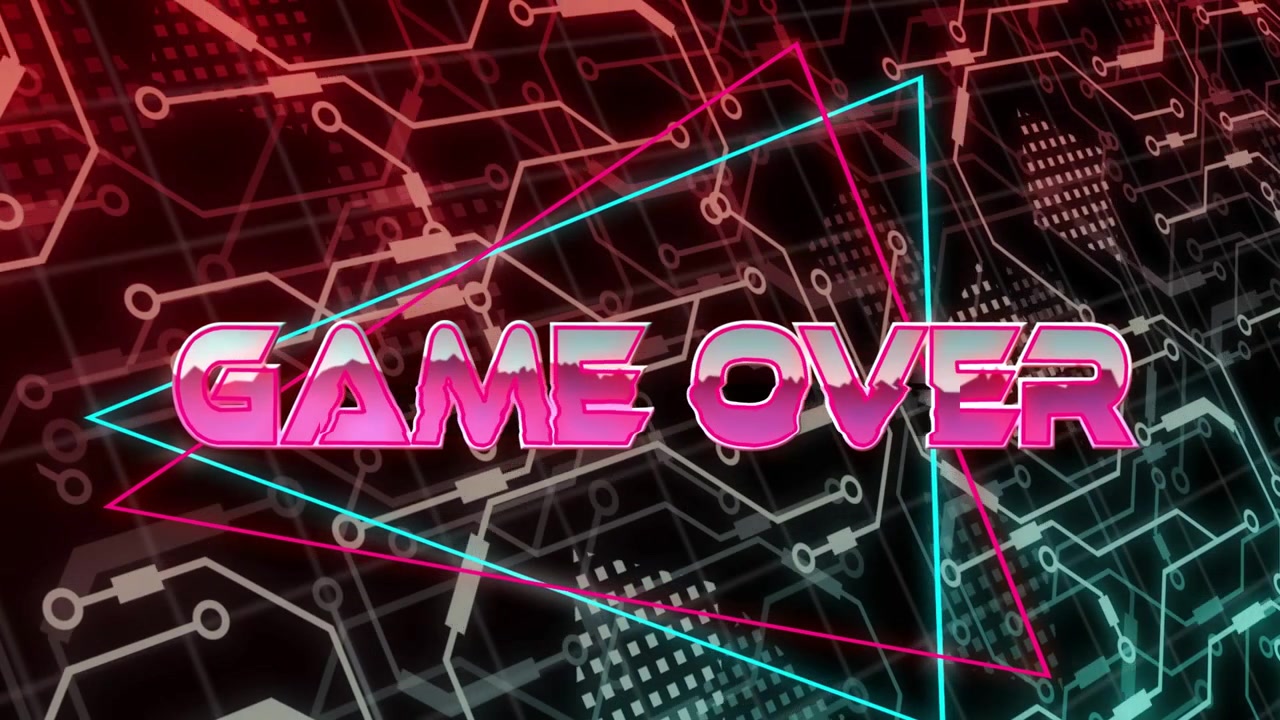 "GAME OVER"-tekst vises centreret efter neonflimmer, pulserende trekanter og en cyanfarvet lynstråle, der signalerer slutningen.