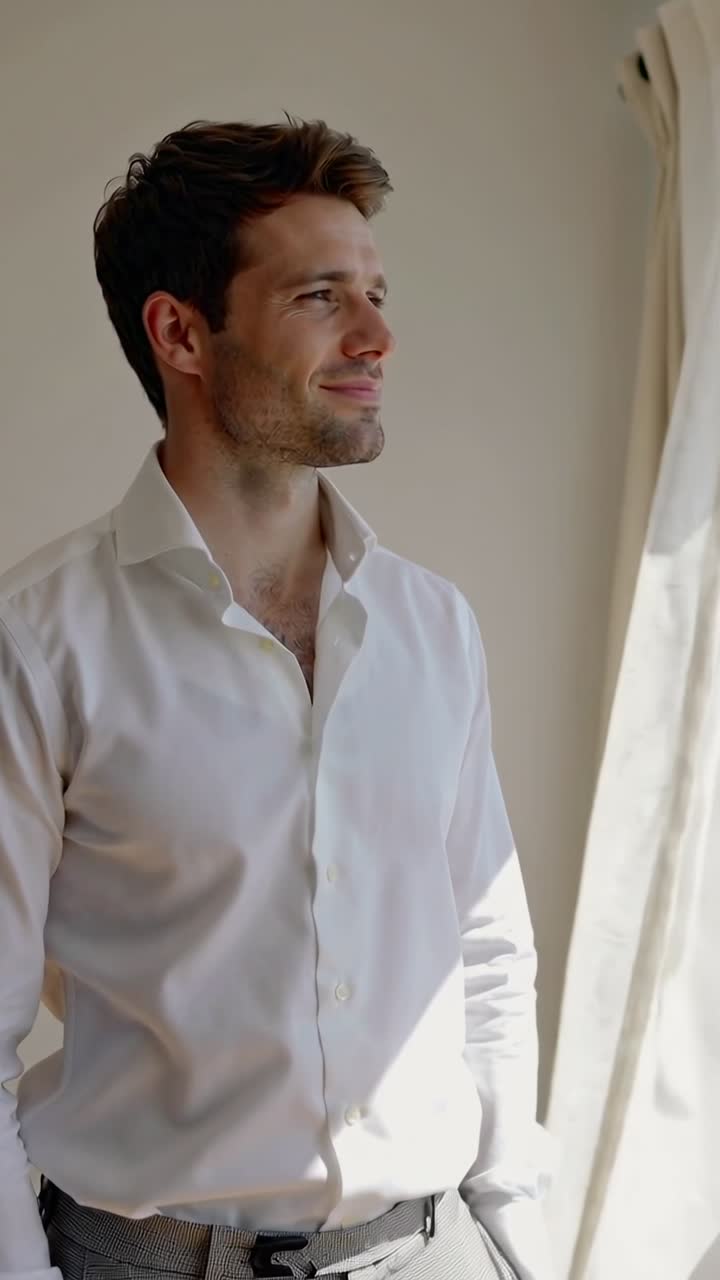 Video verticale: Uomo in camicia bianca che si volta e sorride alla finestra di casa, con il sole che illumina la camicia e la tenda.