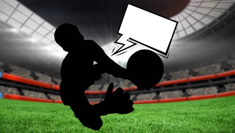 Animation-of-silhouette-of-goalkeeper-with-speech-bubble-on-sports-stadium-background