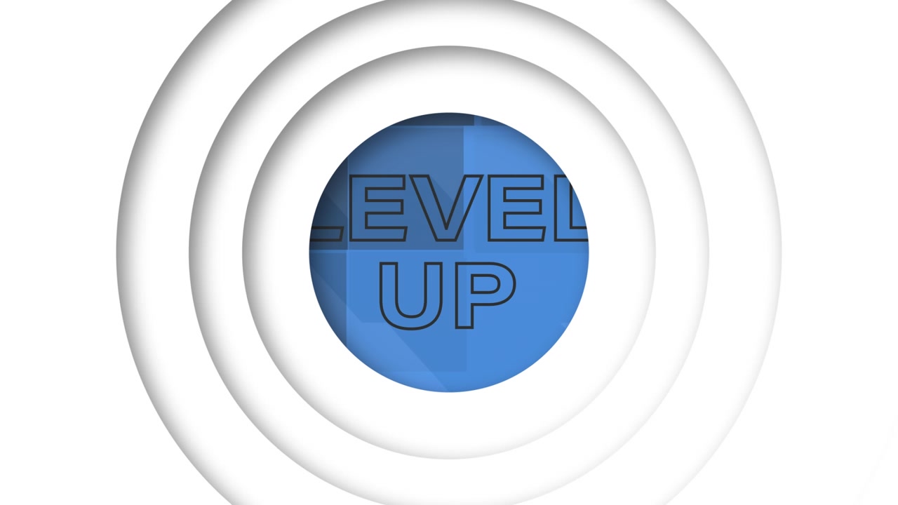 Animation of level up text over blue squares on black background