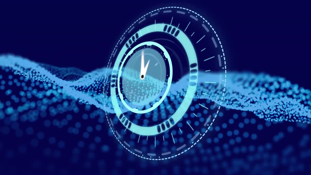 Animation of clock over wave on dark blue background