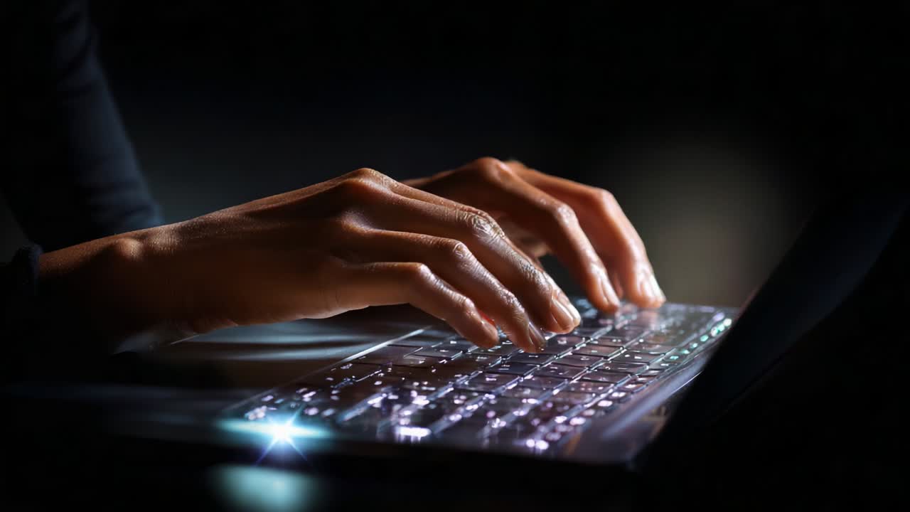 Illuminated Hands Typing on a Keyboard at Night: Capturing the Subtle Glow of Finger Movements as They Navigate the Keys in a Dark Setting, Showcasing the Artistry of Digital Communication