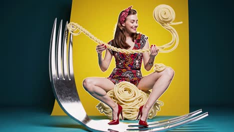 pin-up woman with spaghetti