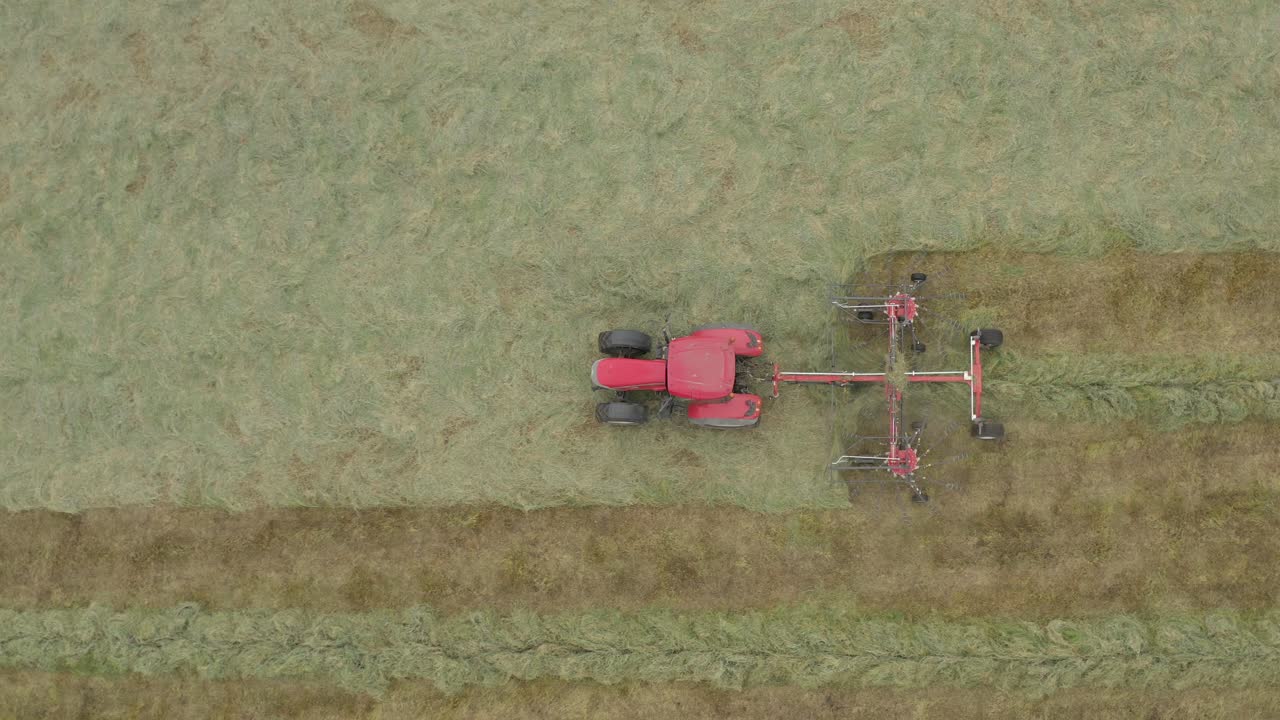 프레임에서 오른쪽에서 왼쪽으로 움직이는 원형 레이크가 있는 빨간색 트랙터의 공중