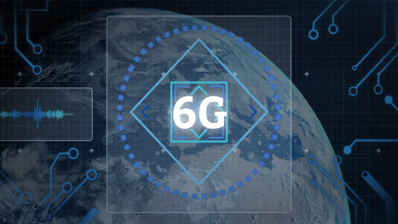 Animation of 6G technology interface over Earth from space, showcasing innovation