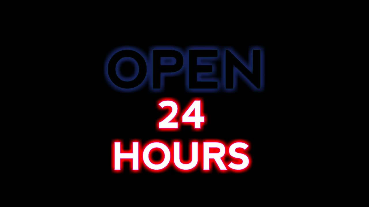 animación de letrero de neón abierto las 24 horas sobre un fondo negro. letrero de neón azul abierto las 24 hours en y color neón rosa adecuado para tienda o bar y club nocturno, casino.4k footage concepto de negocio