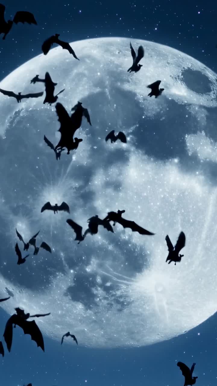 Video verticale: luna piena nascente che proietta silhouette di pipistrelli che planano e si tuffano in un cielo stellato