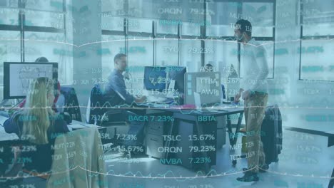 animation of stock market data processing against two diverse men high fiving each other at office