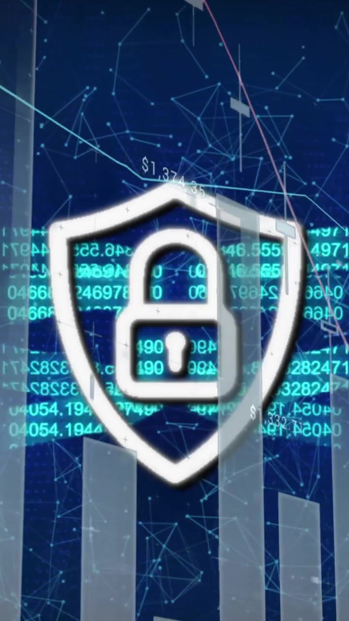 Animation of padlock in shield with graphs and binary codes forming chain over connected dots