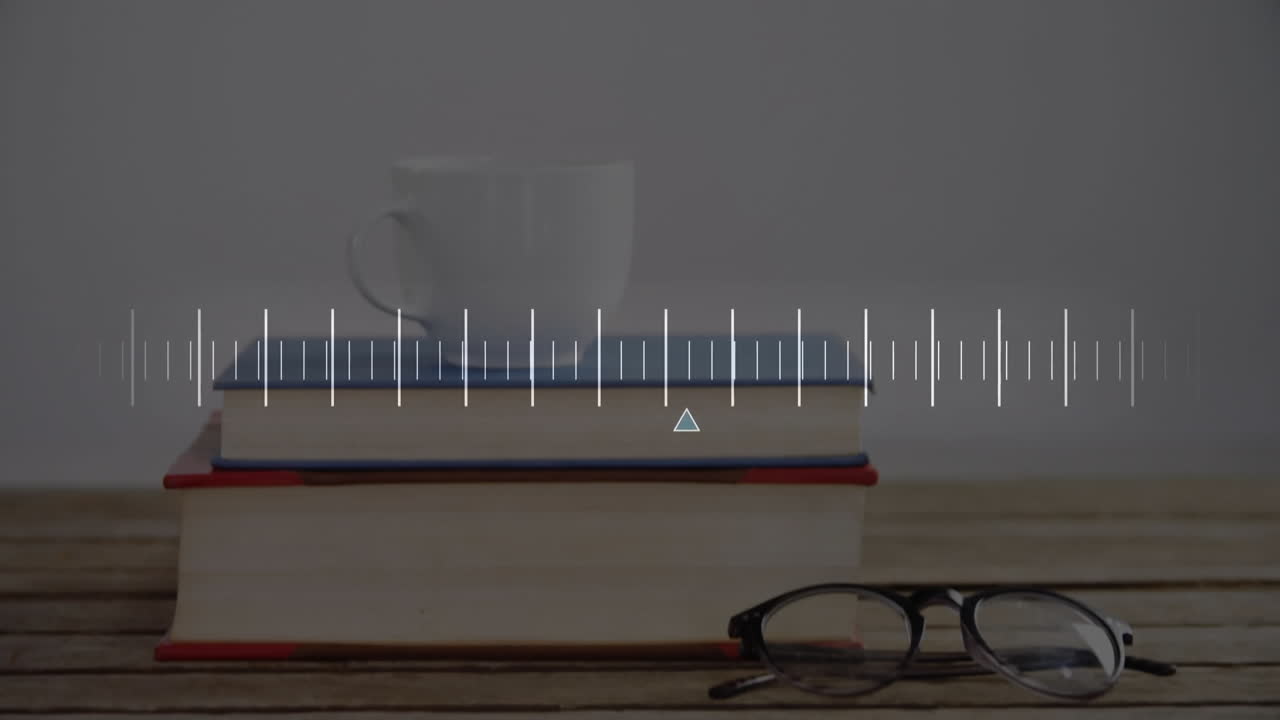 Still life being animated in flat design, featuring stacked books mug glasses and audio waveform