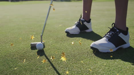 female golfer lining up green putt for golf marketing, with golden star graphics floating