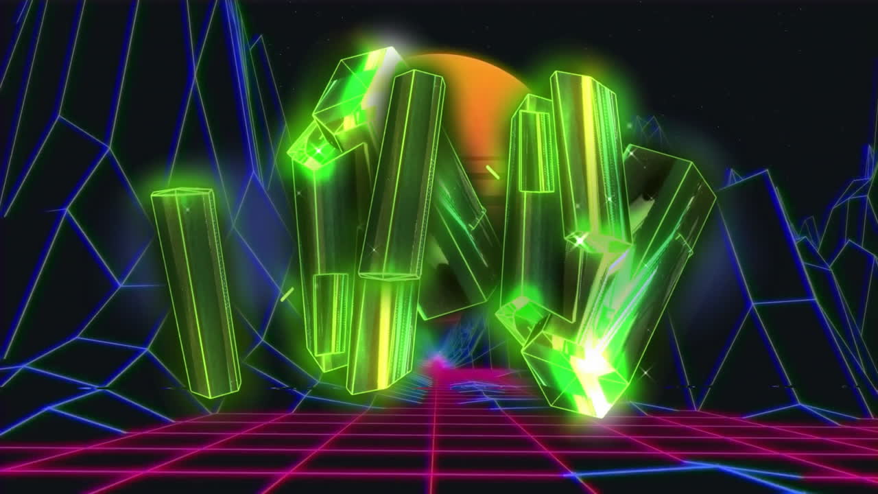 네온 그리드와 와이어 프레임 산 위에 반이는 녹색 크리스탈 애니메이션