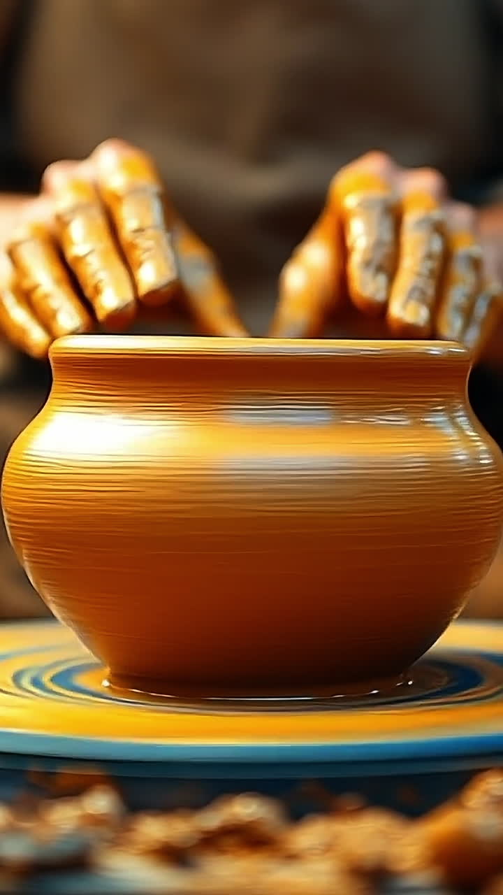 Crafting pottery in a traditional studio. A skilled artisan shapes clay on a pottery wheel in a workshop filled with tools and materials during daylight.