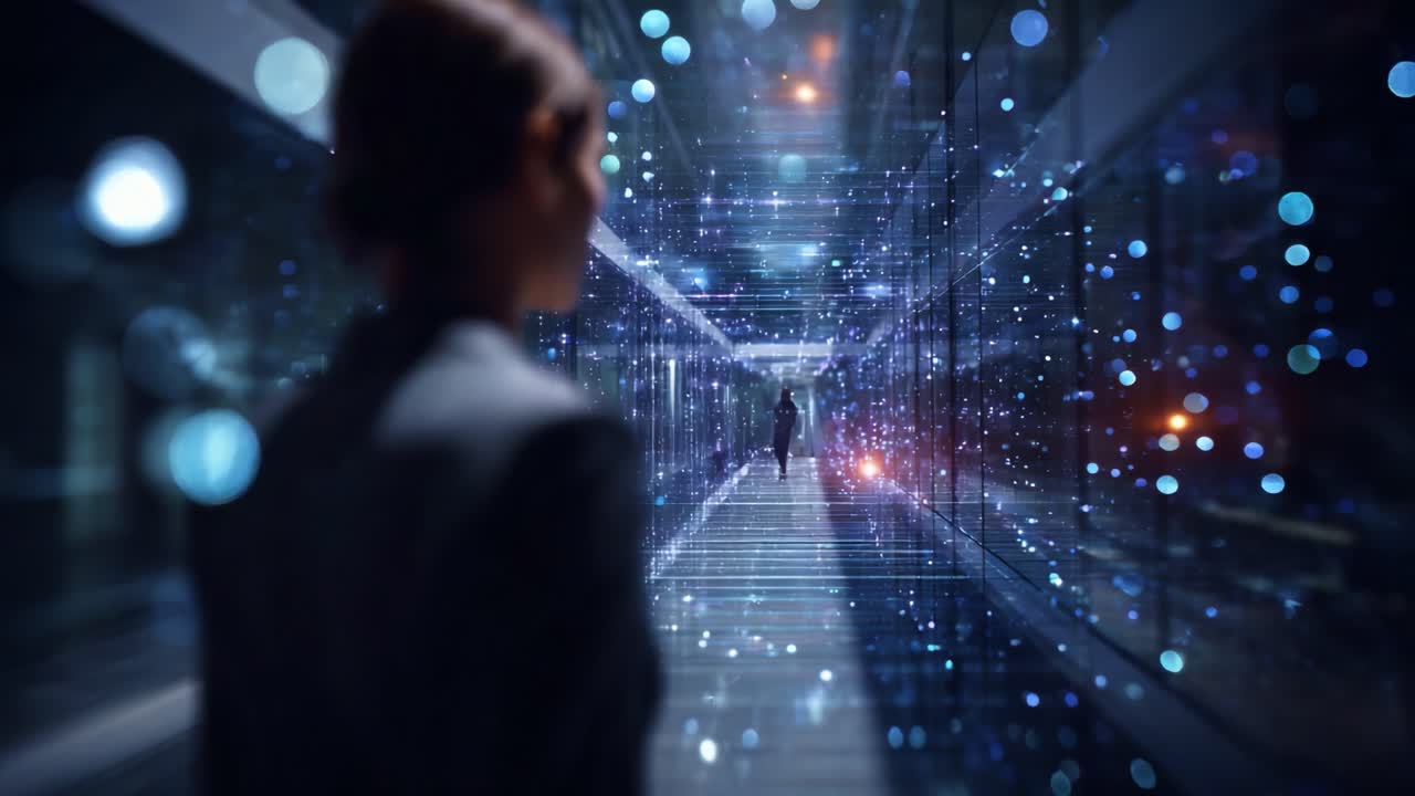 An individual navigates through a futuristic corridor filled with glowing digital particles, symbolizing the integration of technology and human experience